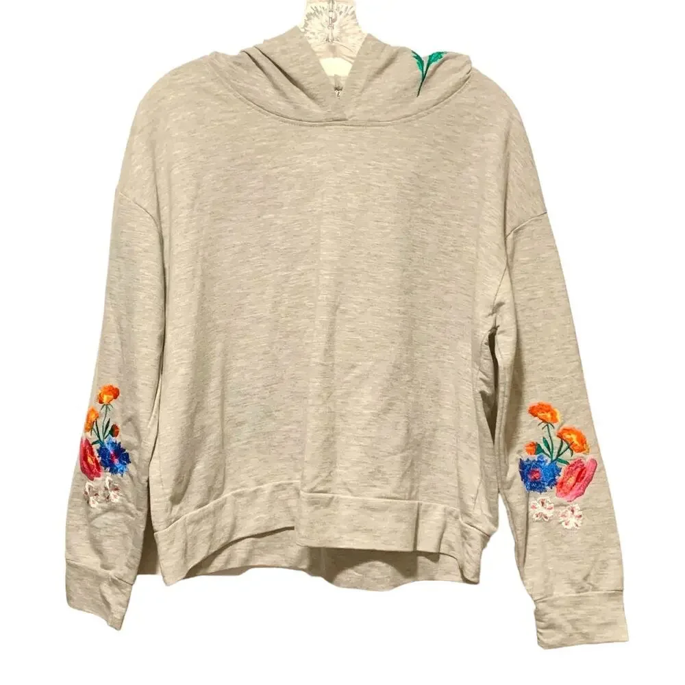 Embroidered Hoody Wildflowers Cropped Boho Cottage Gray M L XL Almost Famous